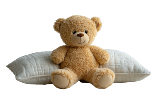 Adorable teddy bear sitting on a soft cream pillow a peaceful scene with neutral tones and soft