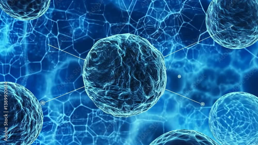 Poster microscopic view of cells in a complex network showcasing intricate details in a vibrant blue color 