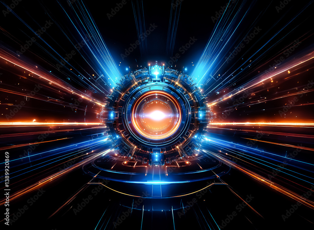 Poster An abstract image of energy radiating from a central point, resembling a futuristic device. Beams of light in various colors are emanating outwards, suggesting power and technology.
