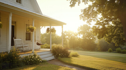 White farmhouse with porch swing in golden sunlight. Tranquil and inviting