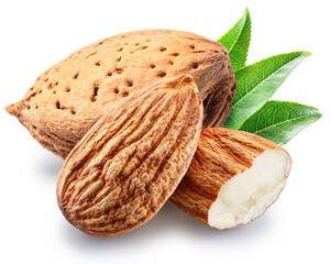 Almond nuts in shell and shelled almonds isolated on white background. File contains clipping path.