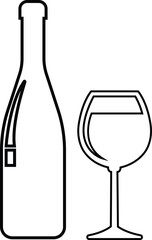 Wine bottle and glass icon in line set. isolated on transparent background