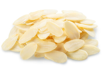 Slices of blanched almonds nuts isolated on white background. File contains clipping paths.