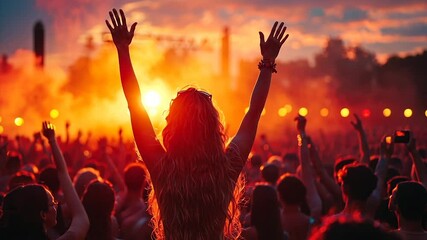 Vibrant sunset at a massive outdoor music festival