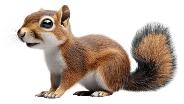 cute squirrel with fluffy fur and bushy tail is depicted in side view, showcasing its alert expression and detailed texture. squirrel appears lively and animated
