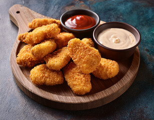 Golden chicken nuggets with dipping sauce on rustic wooden plate