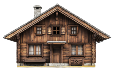 traditional wooden chalet with stone chimney and rustic charm, featuring wooden shutters and cozy atmosphere. structure is surrounded by grassy area