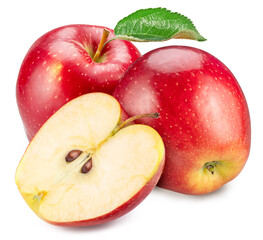 Ripe red apples with yellow spots and apple slice on white background. File contains clipping path.