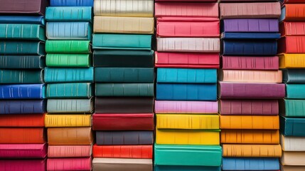 Obraz premium Colorful books stacked high in library. Education resources readily available. Knowledge, learning in focus. Learning environment inspiring. Books represent wisdom, experience. Bright hues of covers