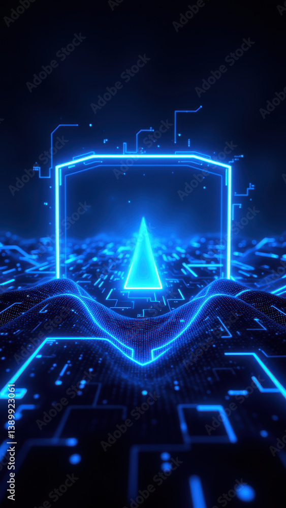 Aufkleber cybersecurity shield with advanced digital elements against a tech-themed background.
