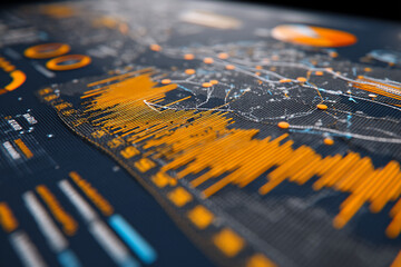 Close-up of an orange and dark-grey data visualization, showing interconnected nodes and bar graphs, representing data analysis, network visualization, or technological progress