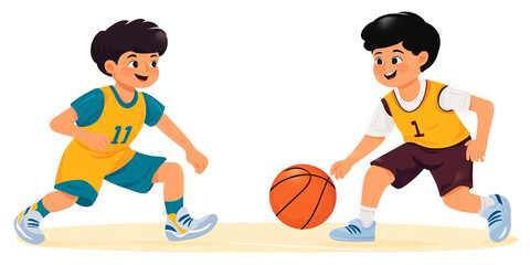 Naklejka premium Illustration Of Basketball Players In Action With Orange Ball And Uniforms
