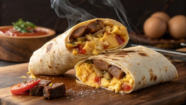Breakfast burrito cut in half