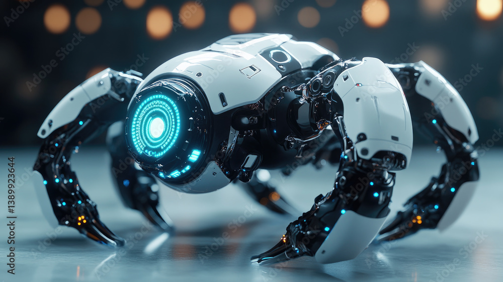 Poster close-up of a four-legged spider-like robot ready to perform tasks in nanotechnology. concept of rob