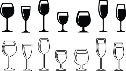 Wine glass icon in flat, line set. Shape of traditional glass bottle of still wine isolated on transparent background