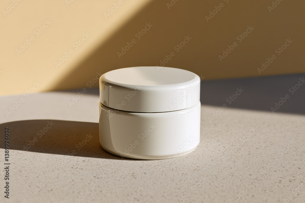 Poster a blank white cosmetic cream jar sits on a neutral surface, illuminated by soft light, creating gent