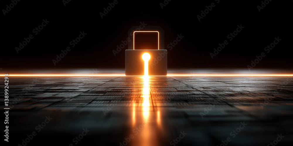 Poster a glowing digital lock shines on a dark surface, projecting bright light through its keyhole, symbol