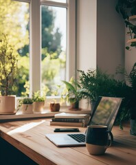 Fototapeta premium realistic home office with natural light, minimalistic Scandinavian interior, wooden desk, open laptop, coffee mug