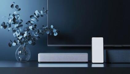 Modern home entertainment setup.  A stylish, minimalist  arrangement featuring a television, sound bar, phone, and eucalyptus.  Dark,  muted colors.  Muted lighting.  Calm atmosphere
