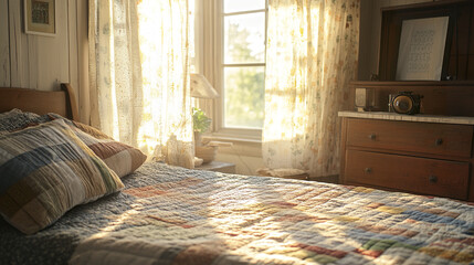 Cozy farmhouse bedroom with patchwork quilt and sunlight