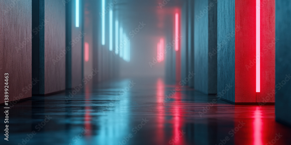 Poster a futuristic server room corridor illuminated by neon blue and red lights, creating a mysterious atm
