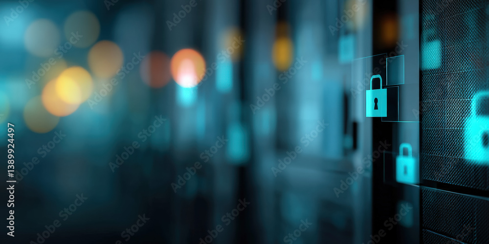 Aufkleber a futuristic server room with glowing locks and abstract digital elements, conveying technology and 
