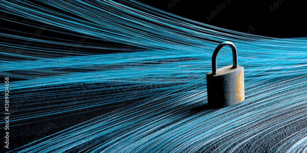 Poster a padlock sits prominently against a dark background, surrounded by dynamic blue lines representing 