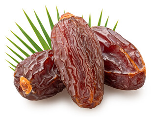 Three semi-dried dates or date palm fruits and palm leaves behind, isolated on white background....