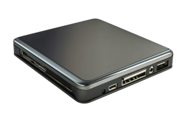 Sleek black media player with multiple ports elegant design perfect for home entertainment system