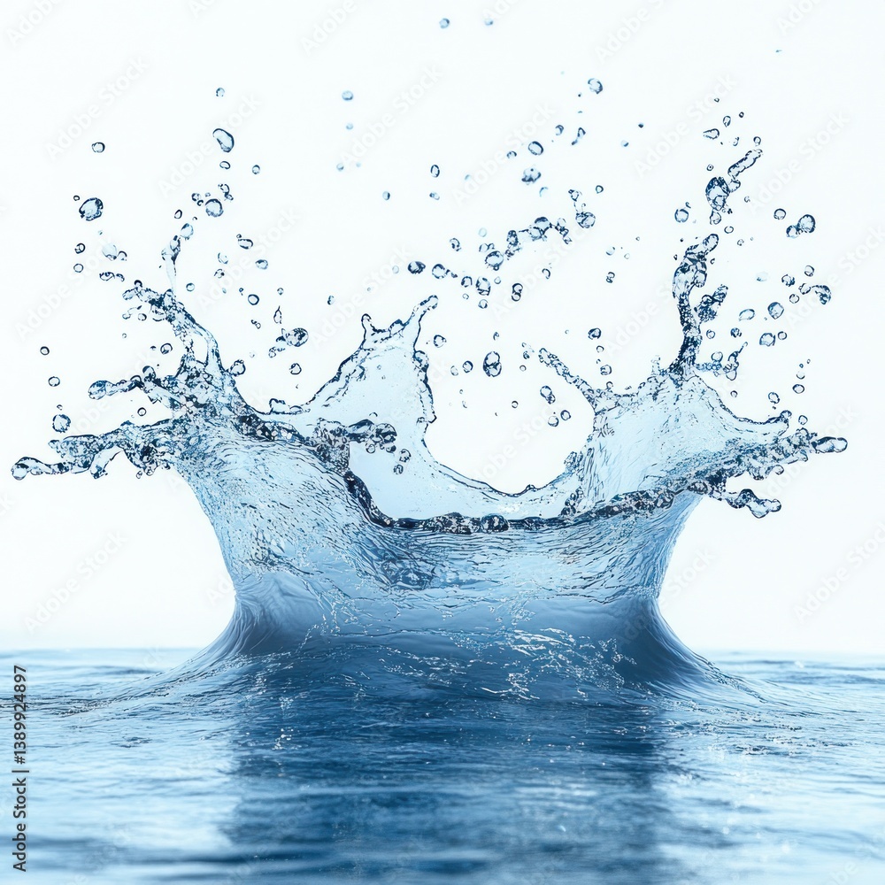 Poster hyper-realistic water splashes in motion with bright lighting and white background