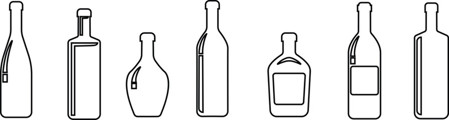 Wine bottle icon in line set. Shape of traditional glass bottle of still wine isolated on transparent background