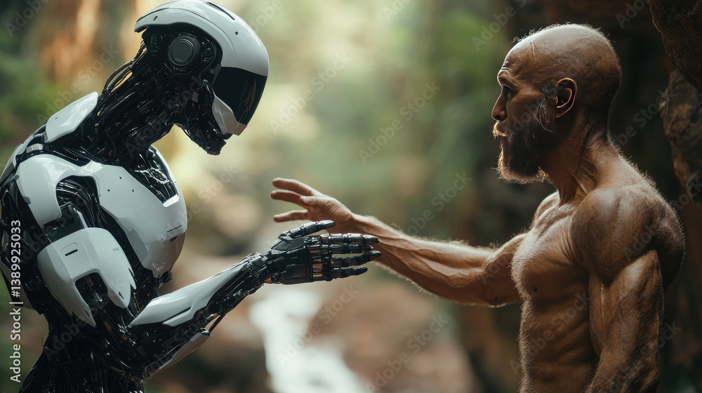 Poster a robotic figure extending its hand to a primitive man, symbolizing the connection between the past 