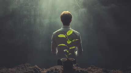 Fototapeta premium A man looking towards the light with a small plant in a pot, representing a new beginning.