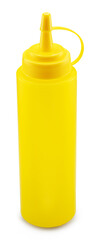 Yellow plastic dispenser bottle for mustard or other sauce isolated on white background. File contains clipping path.