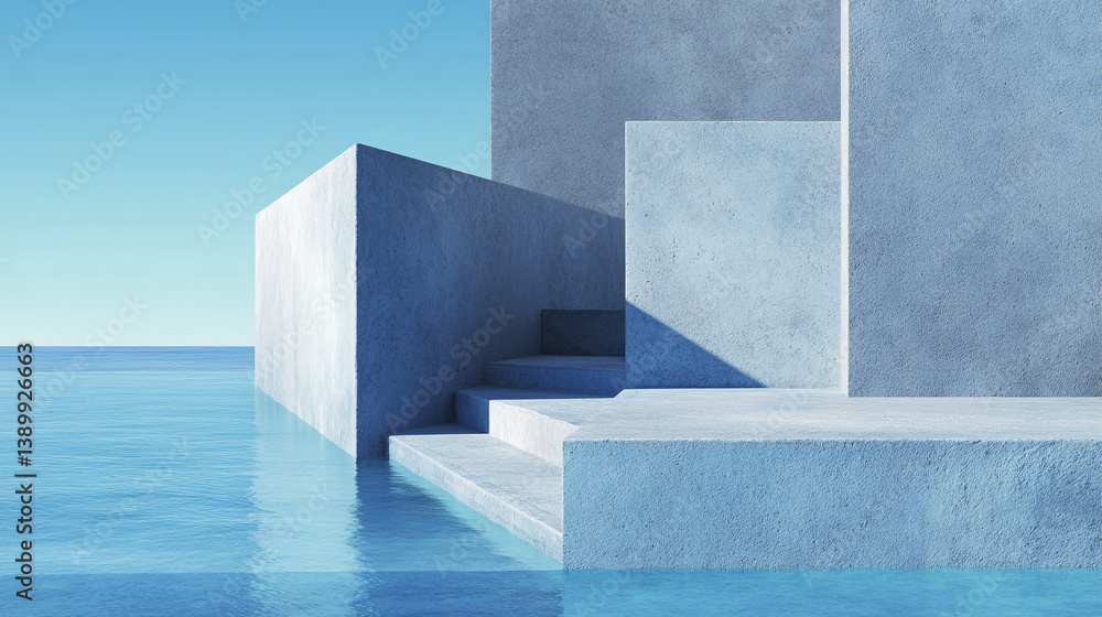 Poster Abstract image of light blue concrete structures partially submerged in water, creating a serene, minimalist scene, showcasing a platform ideal for product display or as a backdrop