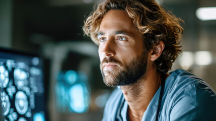 Fototapeta premium A white male radiologist in his 30s thoughtfully examines medical images, showing concentration and dedication in a modern healthcare setting