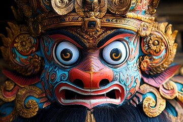 Balinese Barong Mask Vibrant Colors Intricate Gold Detailing Traditional Art