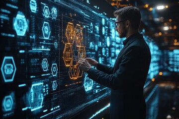 Health Insurance Businessman Interacting with Healthcare Icons in a Digital Interface