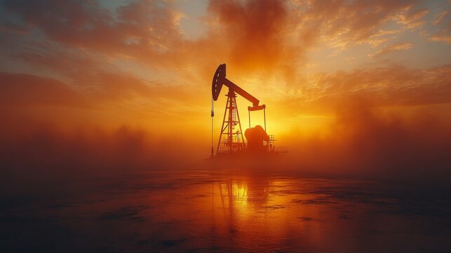 Heavy drilling equipment extracts petroleum from offshore reserves as the sun rises behind the rig, illuminating the foggy morning sky and water.