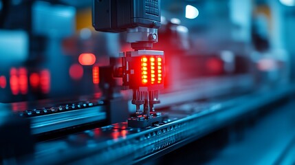 A close up of an automated manufacturing robot system