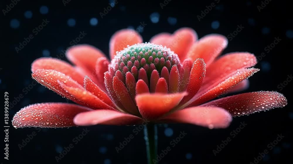 Poster red flower with dew close-up. a bright red flower with dew drops sparkles against a dark background,