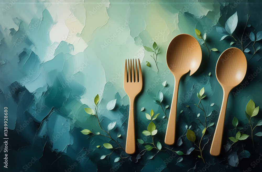 Poster abstract image showcases wooden cutlery against a painted background with natural elements. a fork a