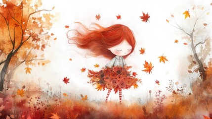 A charming stock image featuring a whimsical illustration of a girl surrounded by autumn leaves. The image conveys a sense of seasonal beauty, childhood wonder, and the magic of autumn,