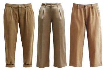 Three pairs of linen pants with relaxed fit are displayed, showcasing different shades of brown. Each pair features button closure and pleated design, offering stylish and comfortable look