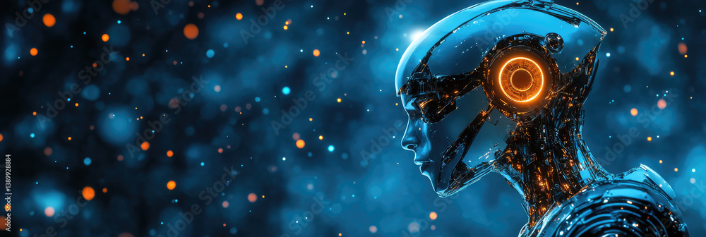 Poster cybernetic ai humanoid robot with a futuristic mechanical face,detailed metallic design,artificial i