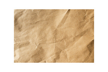 Cut-out of brown crumpled textured paper on white isolated transparent background, old page for craft design.