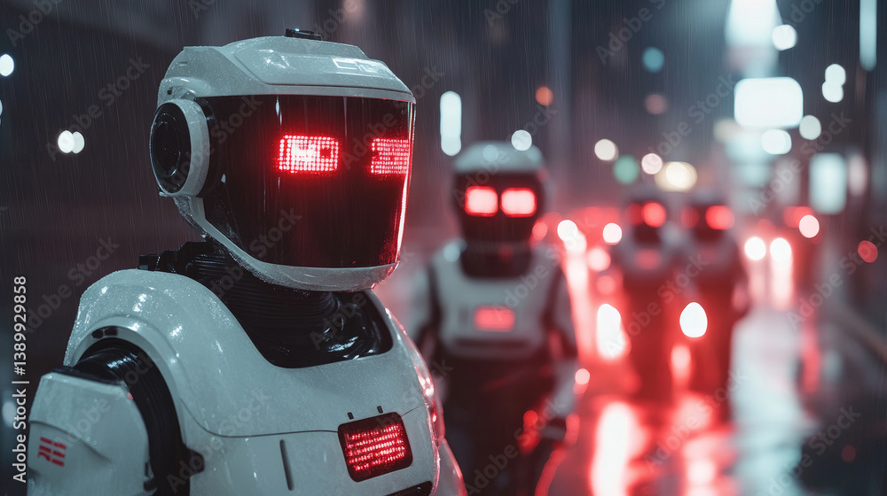 Poster close-up of a cybernetic humanoid robots ready to perform tasks assigned to it. concept of robotics,