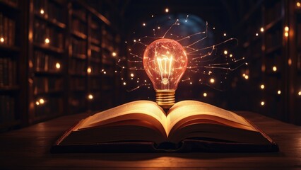 An open book on a wooden table with a glowing lightbulb emerging from its pages