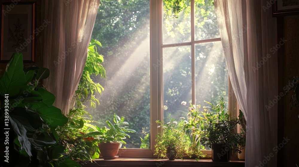 Poster sunlight streaming through a window with indoor plants in view