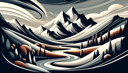 Illustration of Snowy Mountains with a Meandering River
